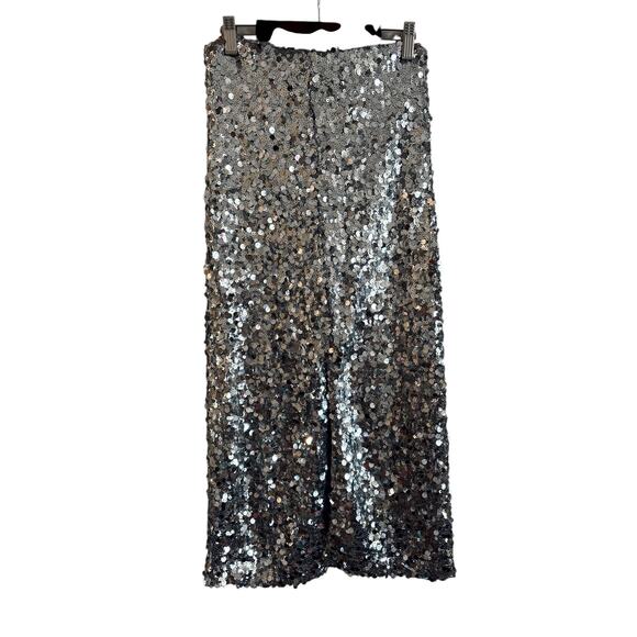 Mango MNG Sequin Midi Skirt Silver Lined Back Slit Zipper Size Small NWT - Picture 4 of 7